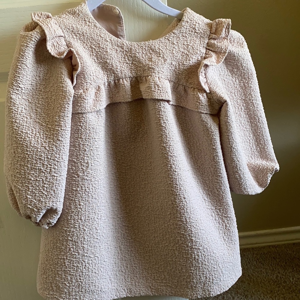 Zara Light Pink Textured Ruffle Long-Sleeve Dress